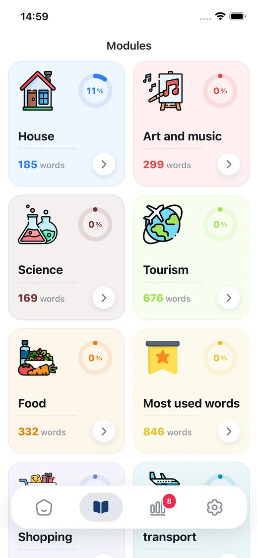 Themed vocabulary modules in French Progress